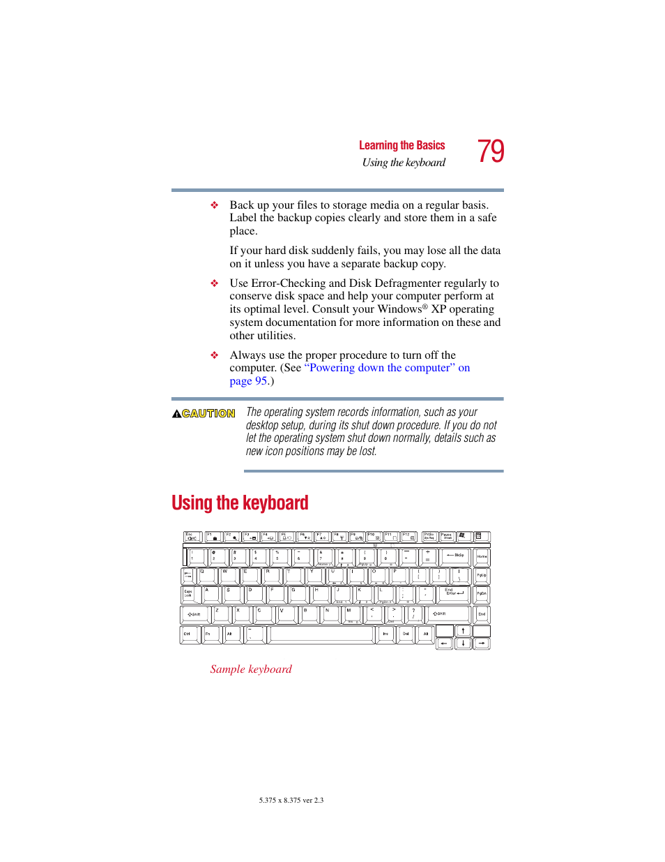 Using the keyboard, Using the, Learning the basics using the keyboard | Sample keyboard | Toshiba SATELLITE A10 User Manual | Page 79 / 262