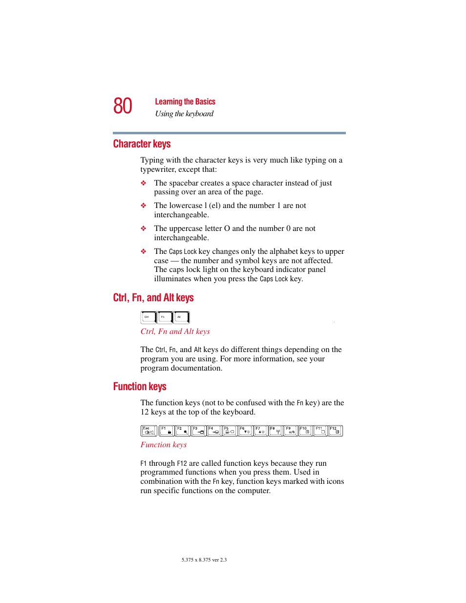 Character keys, Ctrl, fn, and alt keys, Function keys | Toshiba SATELLITE A10 User Manual | Page 80 / 262