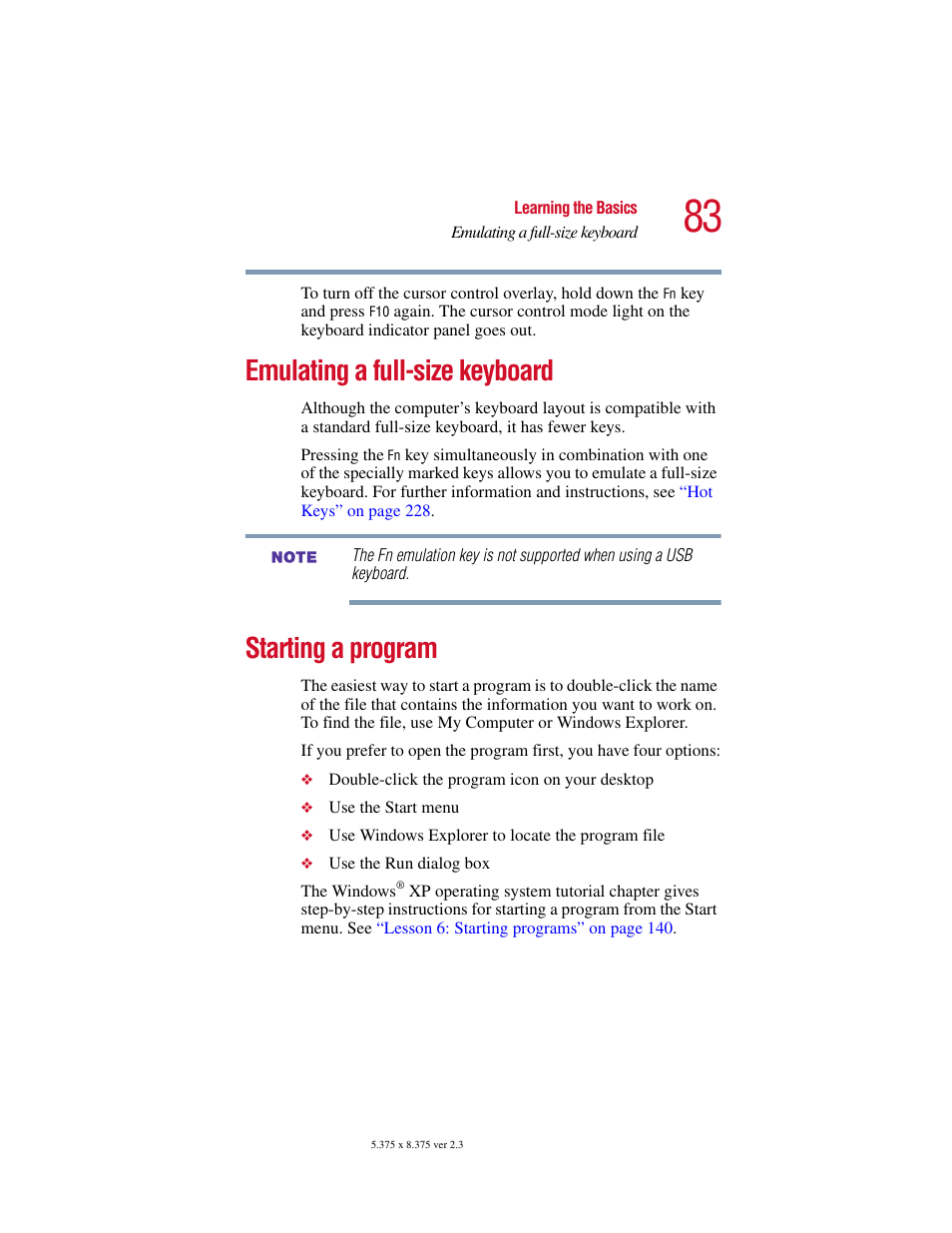 Emulating a full-size keyboard, Starting a program, Emulating a full-size keyboard starting a program | Toshiba SATELLITE A10 User Manual | Page 83 / 262