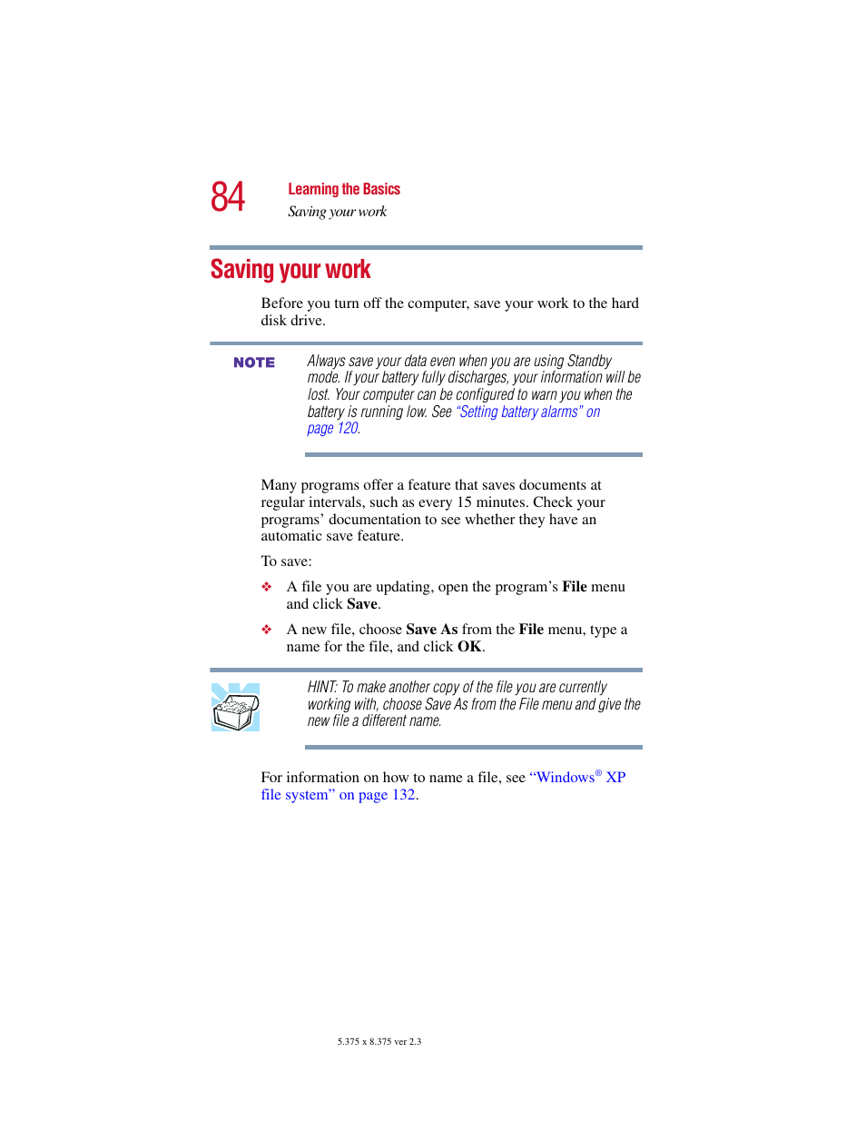 Saving your work | Toshiba SATELLITE A10 User Manual | Page 84 / 262