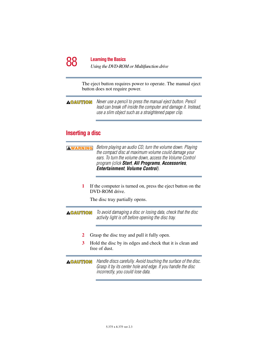 Inserting a disc | Toshiba SATELLITE A10 User Manual | Page 88 / 262