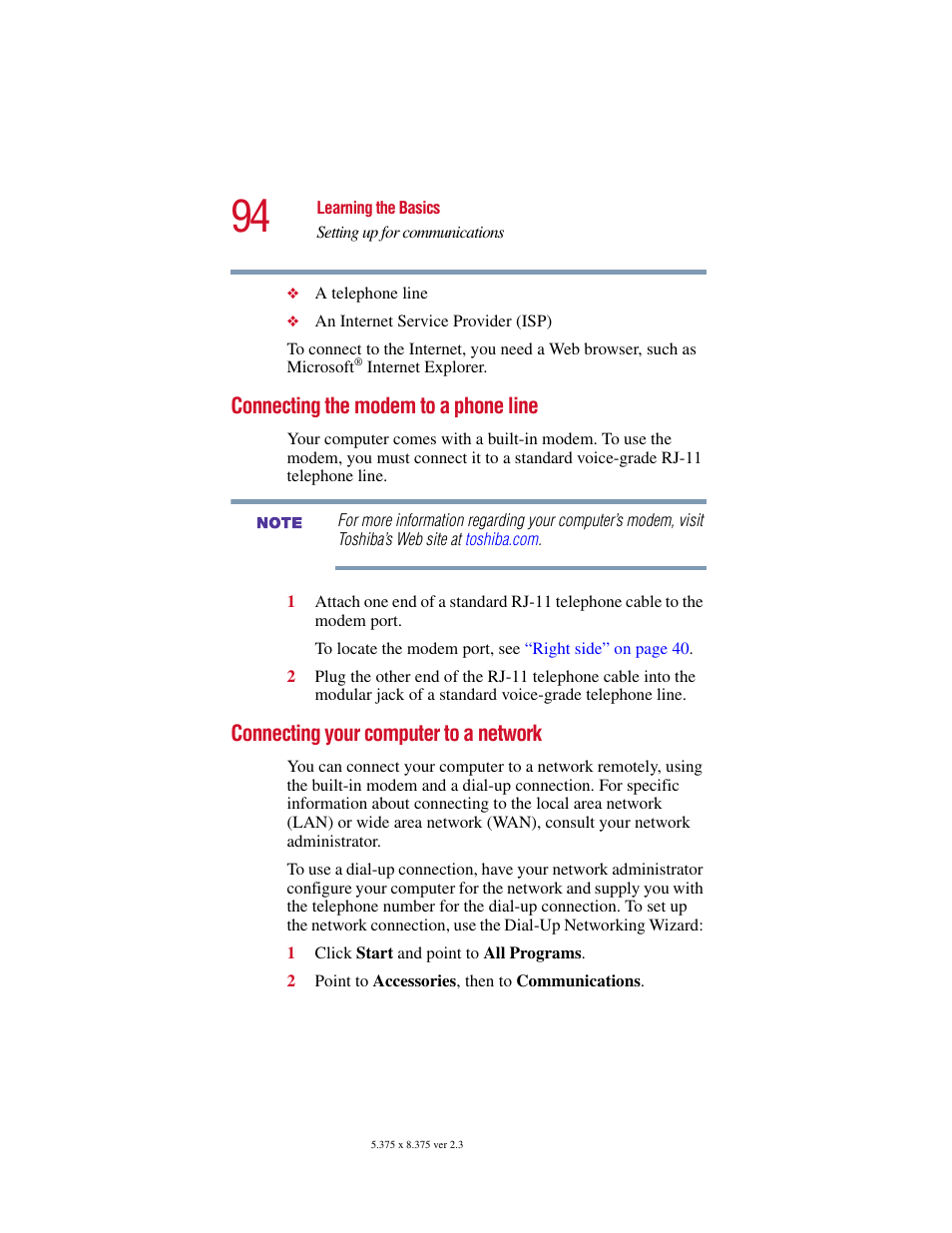 Connecting the modem to a phone line, Connecting your computer to a network, Connecting the modem to a | Toshiba SATELLITE A10 User Manual | Page 94 / 262