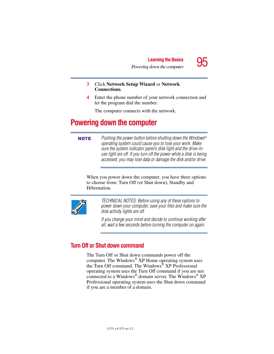 Powering down the computer, Turn off or shut down command, Powering down the computer” on | Toshiba SATELLITE A10 User Manual | Page 95 / 262