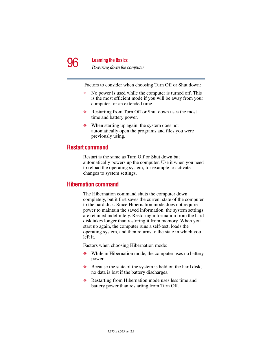 Restart command, Hibernation command, Restart command hibernation command | Toshiba SATELLITE A10 User Manual | Page 96 / 262