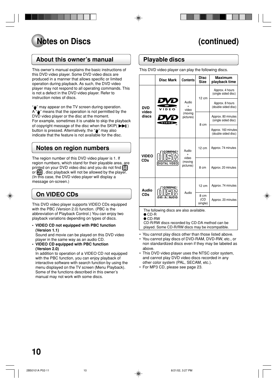 About this owner’s manual, On video cds, Playable discs | Toshiba SD-1810 User Manual | Page 10 / 44