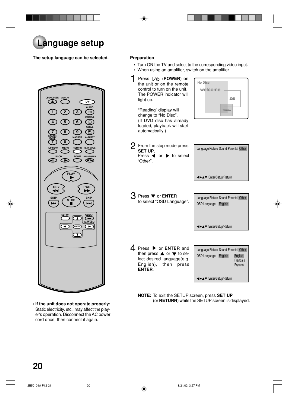 Playback operations, Language setup | Toshiba SD-1810 User Manual | Page 20 / 44