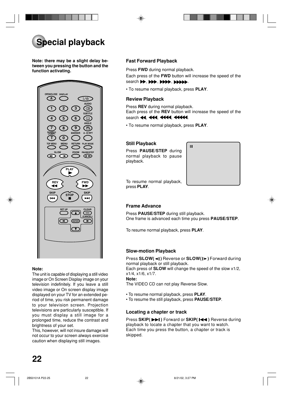Special playback, Fast forward playback, Review playback | Still playback, Frame advance, Slow-motion playback locating a chapter or track | Toshiba SD-1810 User Manual | Page 22 / 44