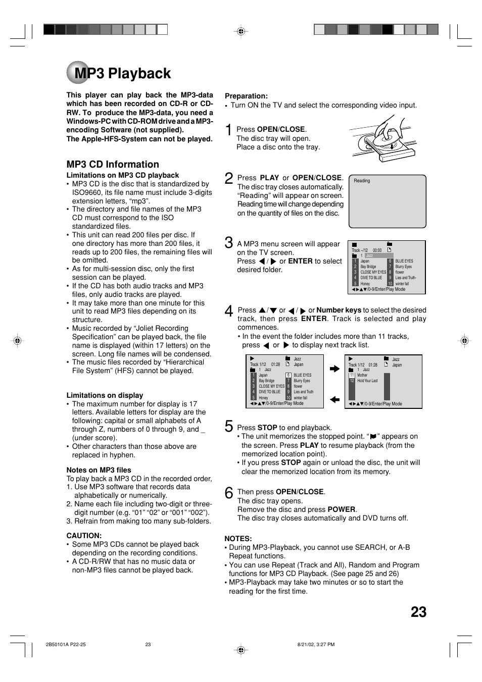 Mp3 playback, 23 mp3 playback, Mp3 cd information | Toshiba SD-1810 User Manual | Page 23 / 44