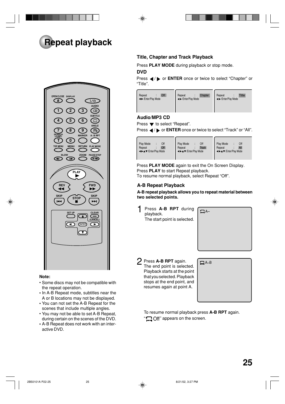Repeat playback, Title, chapter and track playback, A-b repeat playback dvd audio/mp3 cd | Toshiba SD-1810 User Manual | Page 25 / 44