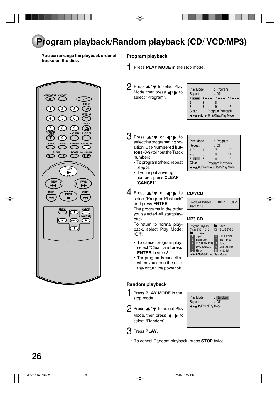 Program playback/random playback (cd/vcd/mp3), Program playback/random playback (cd/ vcd/mp3) | Toshiba SD-1810 User Manual | Page 26 / 44