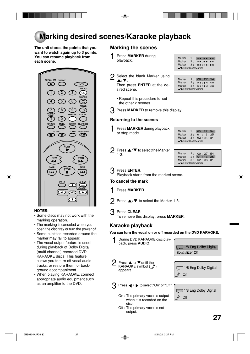 Marking desired scenes/karaoke playback, 27 marking desired scenes/karaoke playback, Marking the scenes | Karaoke playback | Toshiba SD-1810 User Manual | Page 27 / 44