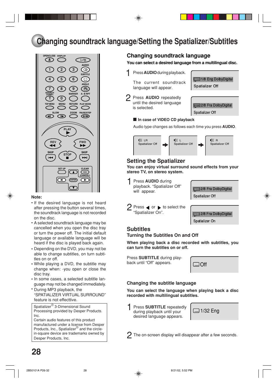 Setting the spatializer, Changing soundtrack language, Subtitles | 1/32 eng | Toshiba SD-1810 User Manual | Page 28 / 44