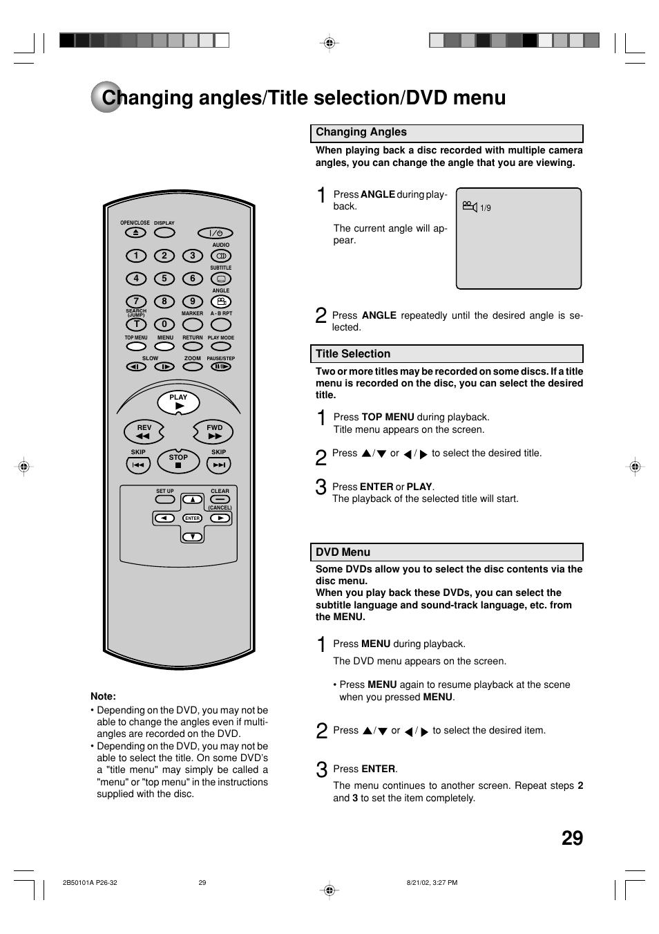 Changing angles /title selection/dvd menu, Changing angles/title selection/dvd menu | Toshiba SD-1810 User Manual | Page 29 / 44