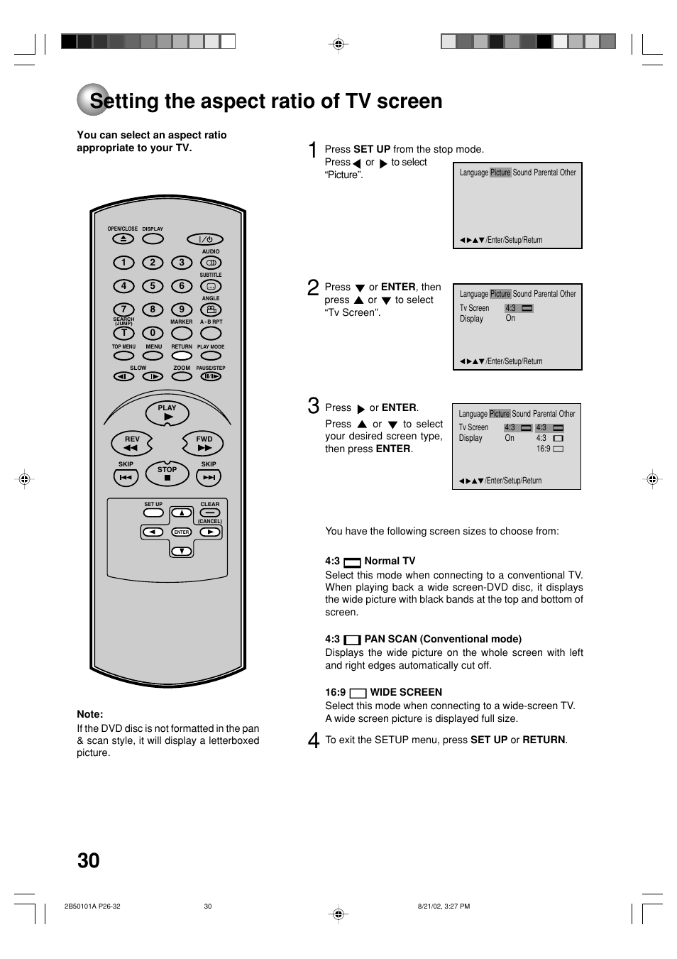 Setting the aspect ratio of tv screen | Toshiba SD-1810 User Manual | Page 30 / 44