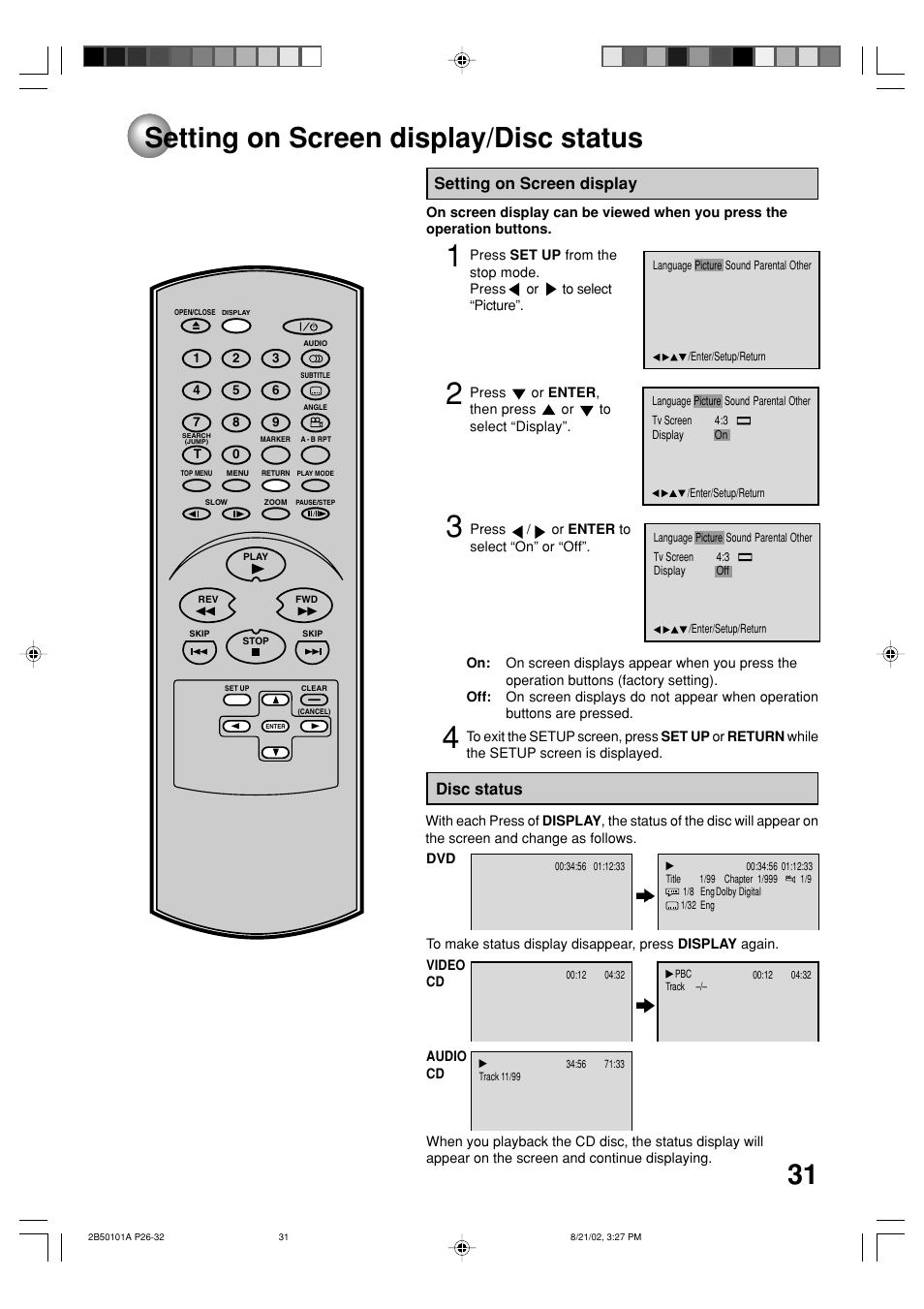 Setting on screen display/disc status, Disc status, Setting on screen display | Toshiba SD-1810 User Manual | Page 31 / 44