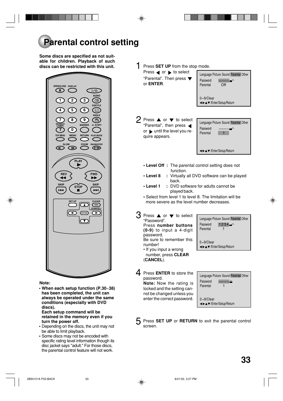 Parental control setting | Toshiba SD-1810 User Manual | Page 33 / 44