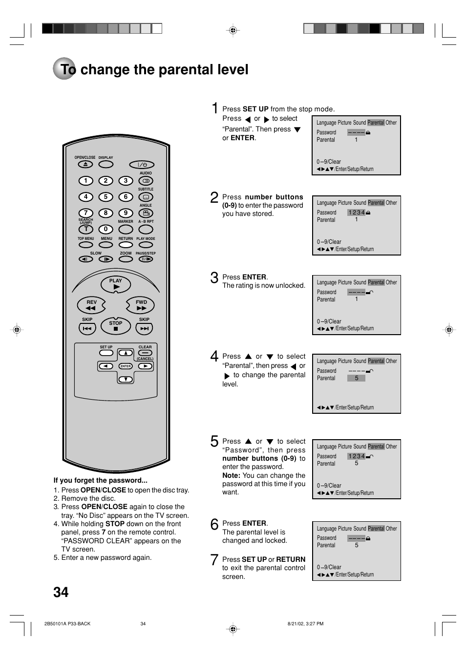 To change the parental level | Toshiba SD-1810 User Manual | Page 34 / 44