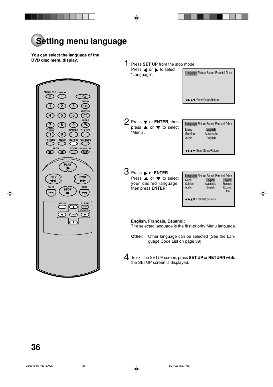 Setting menu language | Toshiba SD-1810 User Manual | Page 36 / 44