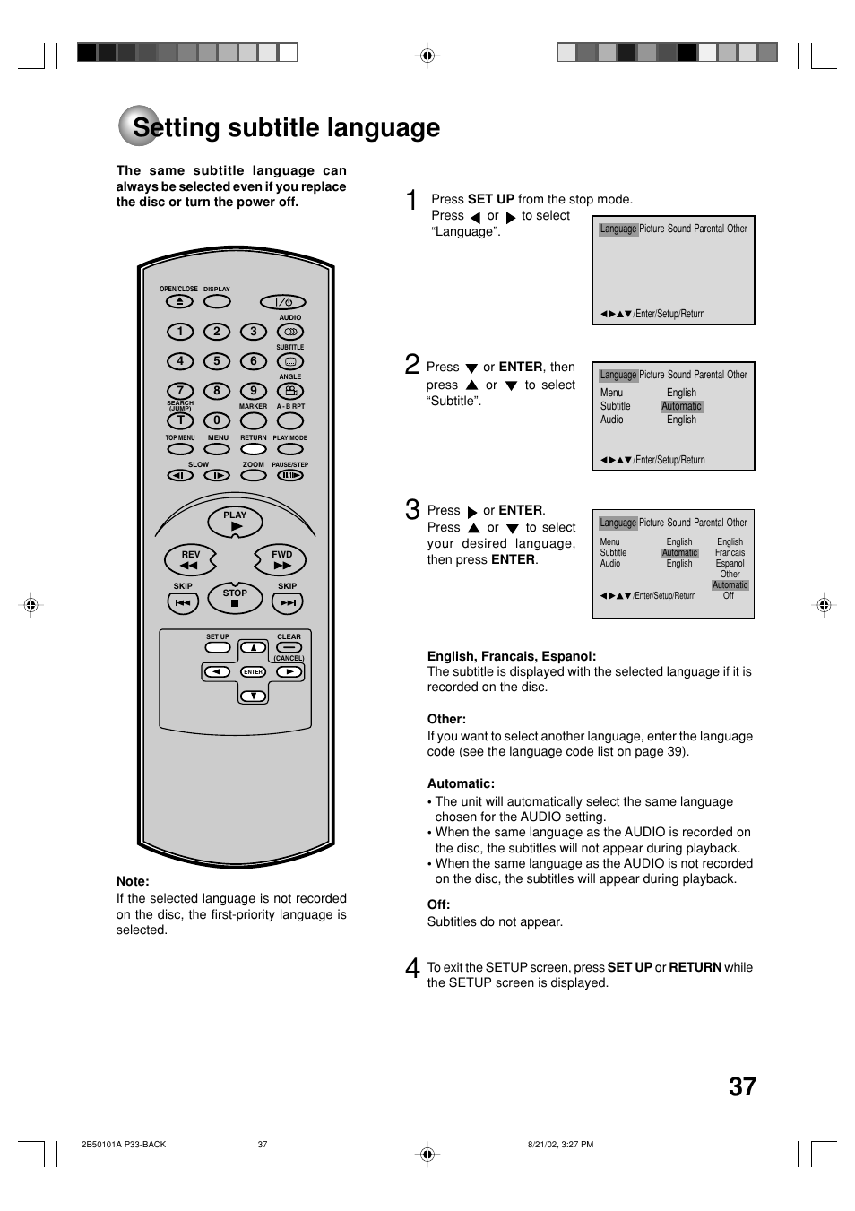 Setting subtitle language | Toshiba SD-1810 User Manual | Page 37 / 44