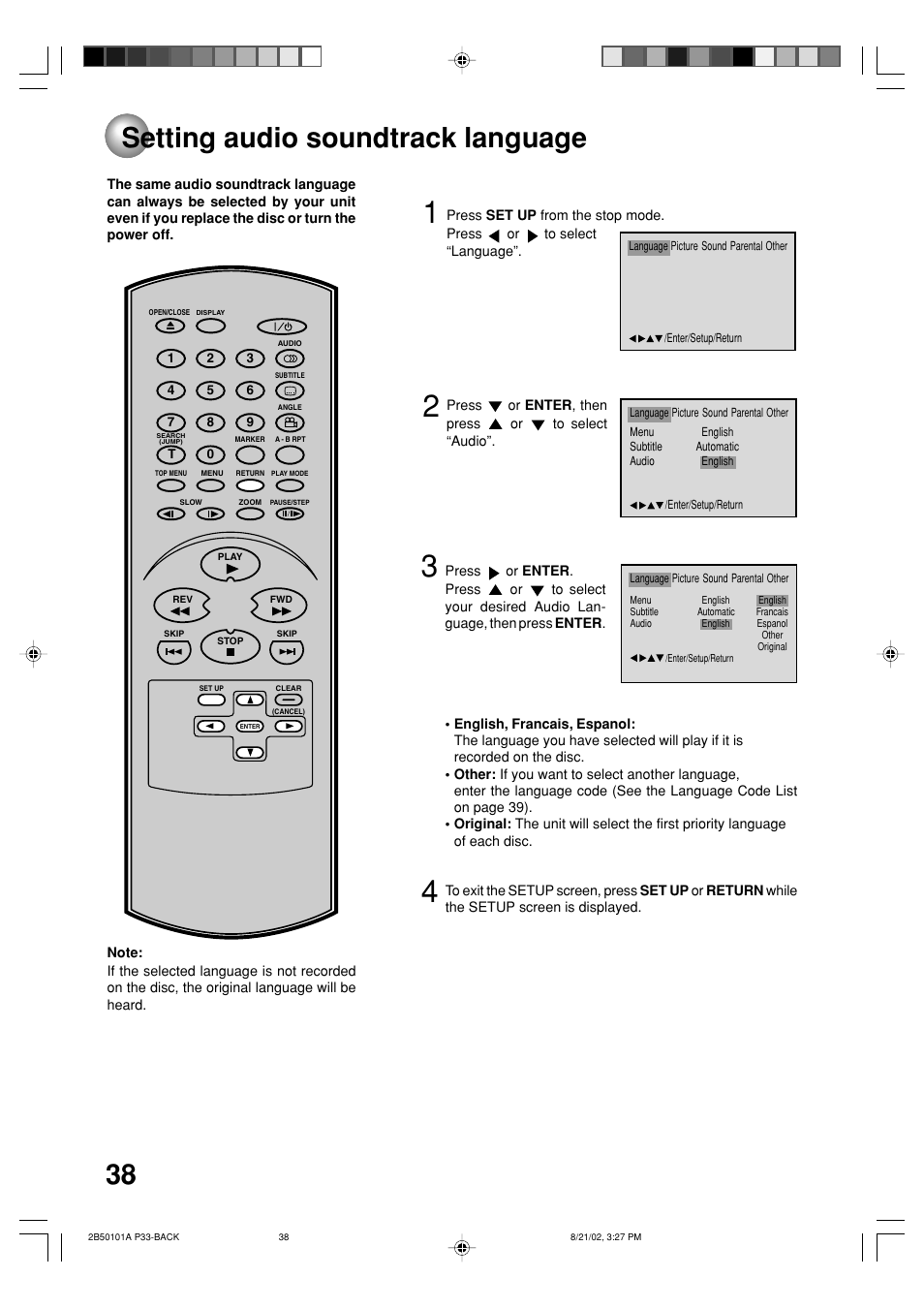 Setting audio soundtrack language | Toshiba SD-1810 User Manual | Page 38 / 44