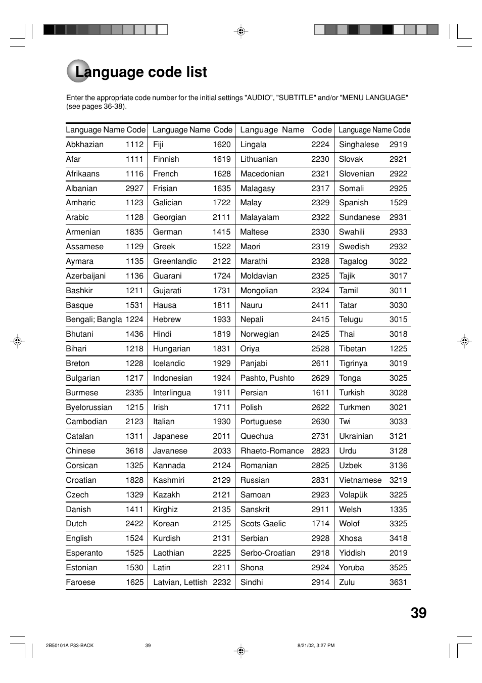 Language code list | Toshiba SD-1810 User Manual | Page 39 / 44