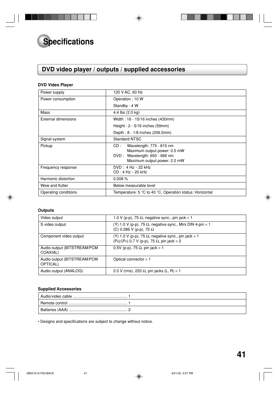 Specifications, 41 specifications, Dvd video player / outputs / supplied accessories | Toshiba SD-1810 User Manual | Page 41 / 44