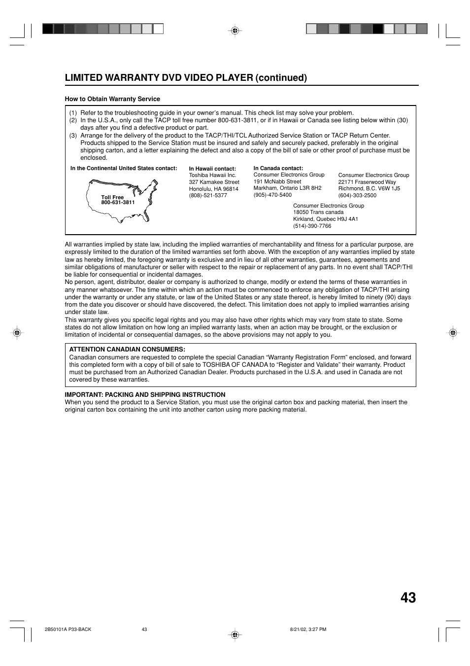 Limited warranty dvd video player (continued) | Toshiba SD-1810 User Manual | Page 43 / 44