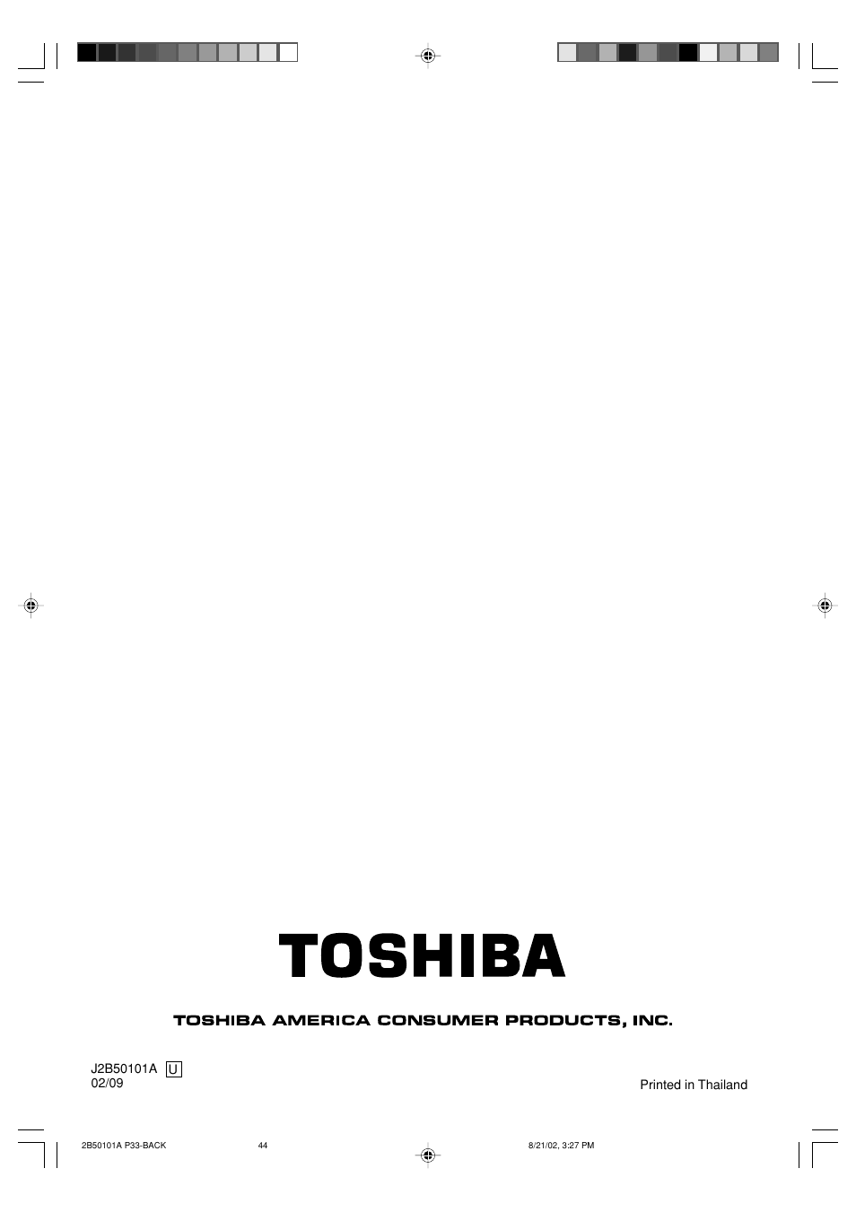 Back cover | Toshiba SD-1810 User Manual | Page 44 / 44