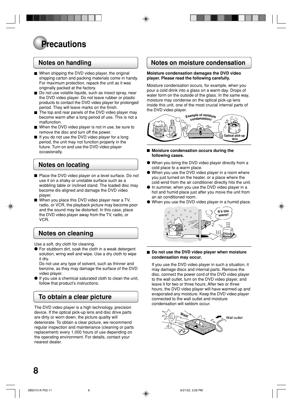 Precautions | Toshiba SD-1810 User Manual | Page 8 / 44