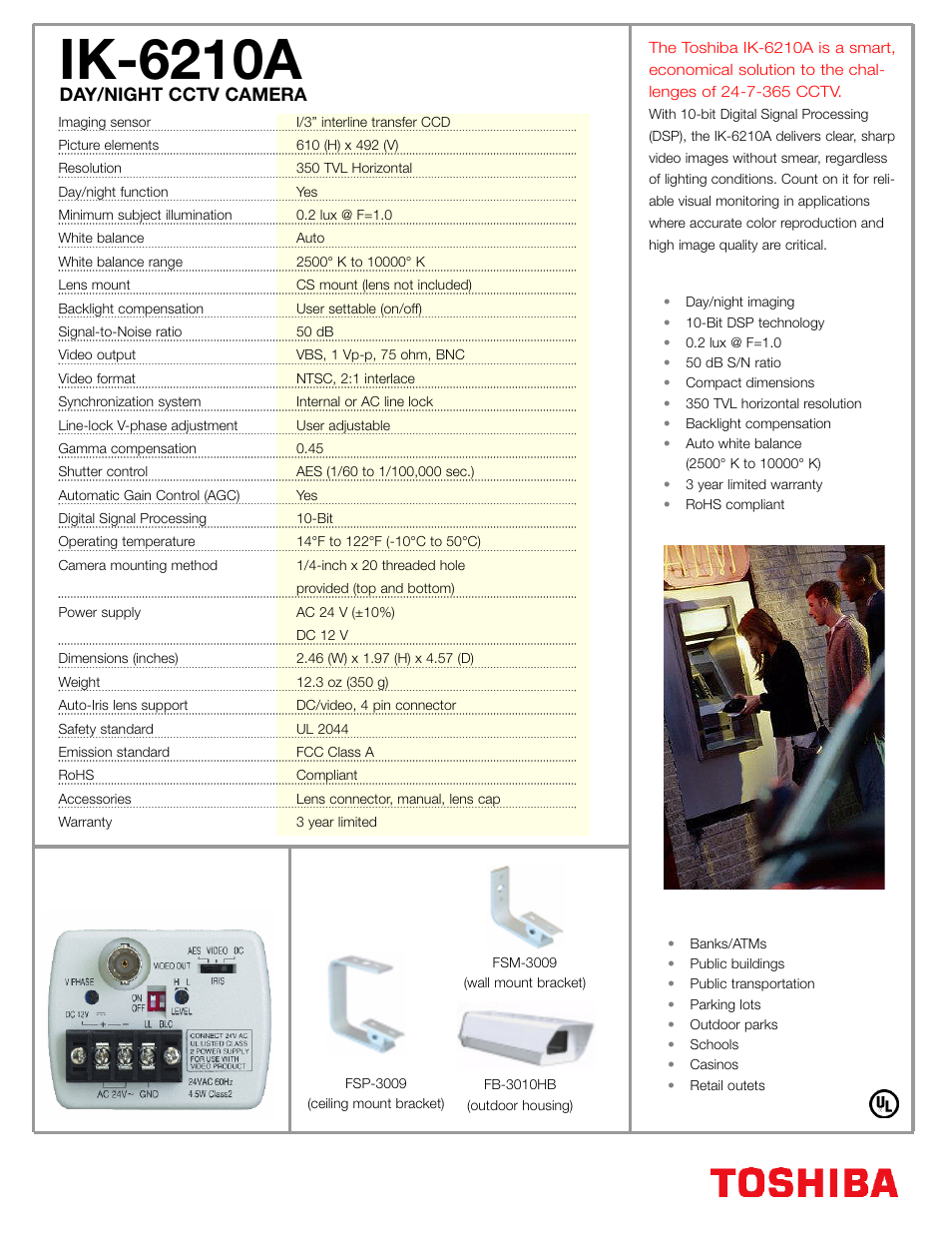 Ik-6210a, Day/night cctv camera main features, Rear view ik-6210a accessories | Applications | Toshiba IK-6210A User Manual | Page 2 / 2