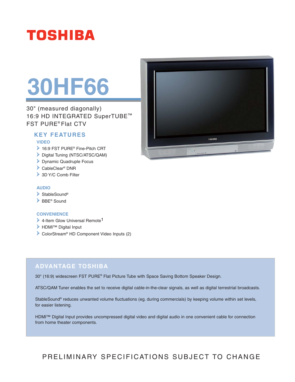 Toshiba 30HF66 User Manual | 2 pages