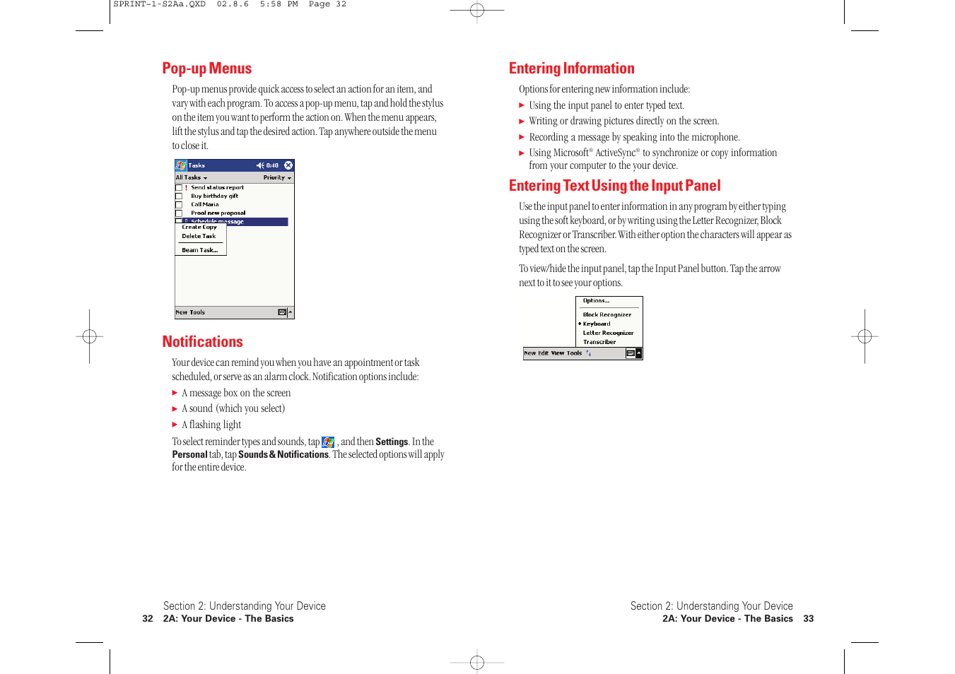 Entering information, Entering text using the input panel, Pop-up menus | Notifications | Toshiba 2032SP User Manual | Page 21 / 106