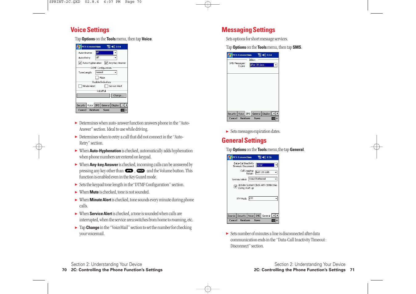 Messaging settings, General settings, Voice settings | Toshiba 2032SP User Manual | Page 40 / 106