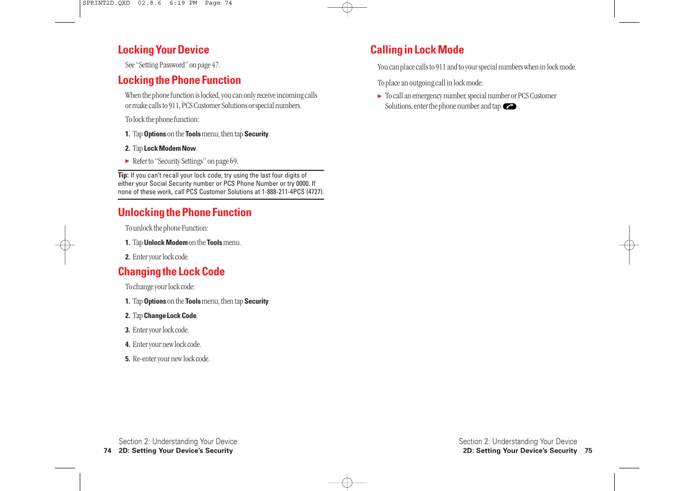 Calling in lock mode, Locking your device, Locking the phone function | Unlocking the phone function, Changing the lock code | Toshiba 2032SP User Manual | Page 42 / 106