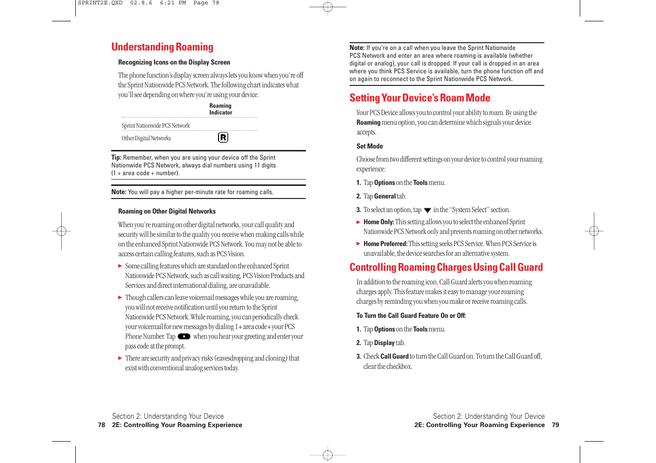 Setting your device’s roam mode, Controlling roaming charges using call guard, Understanding roaming | Toshiba 2032SP User Manual | Page 44 / 106