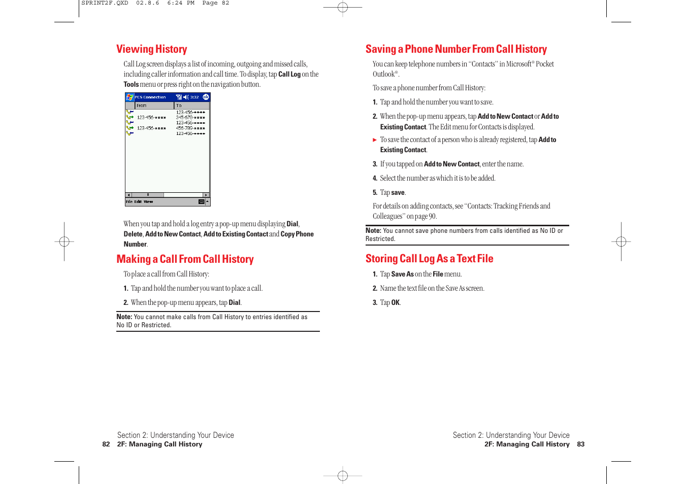 Saving a phone number from call history, Storing call log as a text file, Viewing history | Making a call from call history | Toshiba 2032SP User Manual | Page 46 / 106