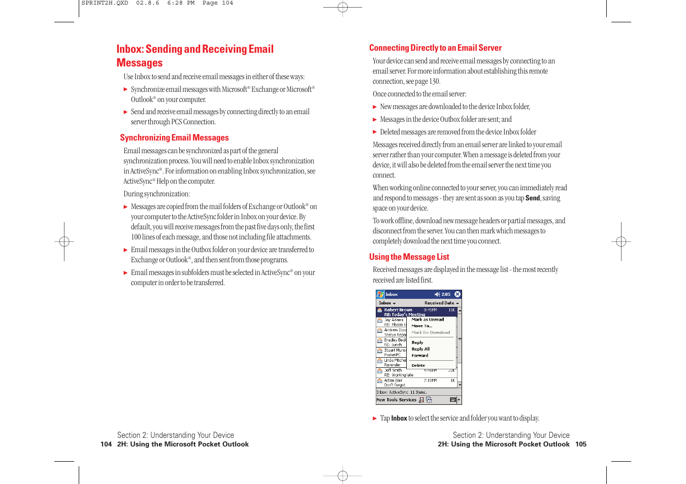 Inbox: sending and receiving email messages | Toshiba 2032SP User Manual | Page 57 / 106