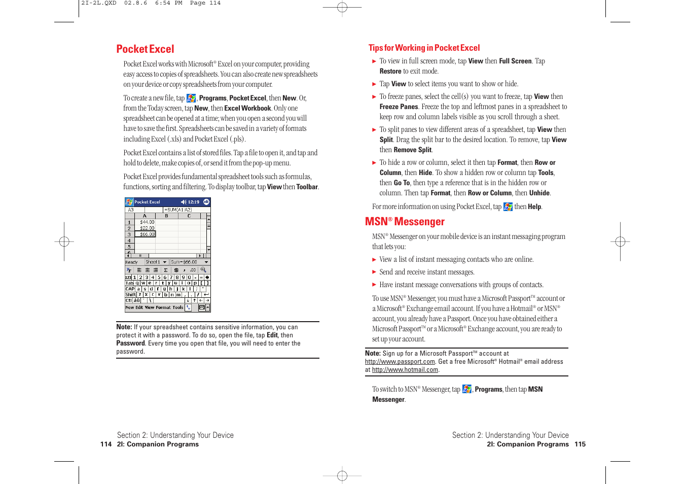 Messenger, Pocket excel | Toshiba 2032SP User Manual | Page 62 / 106