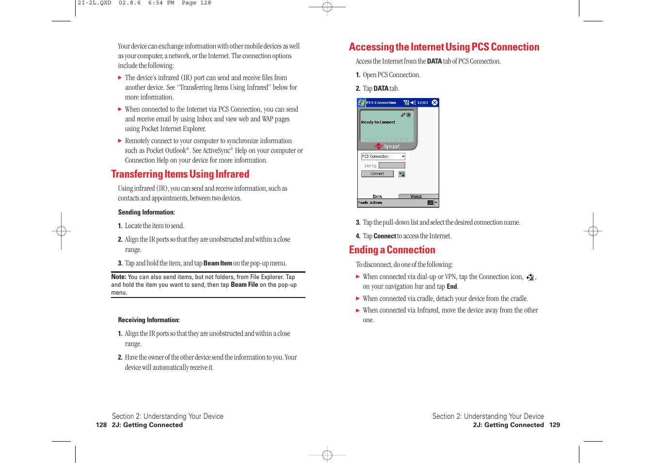 Accessing the internet using pcs connection, Ending a connection, Transferring items using infrared | Toshiba 2032SP User Manual | Page 69 / 106