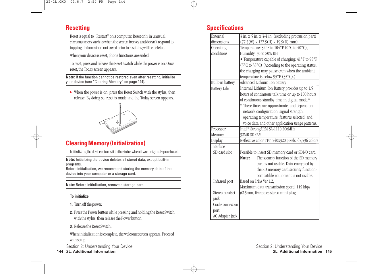 Specifications, Resetting | Toshiba 2032SP User Manual | Page 77 / 106