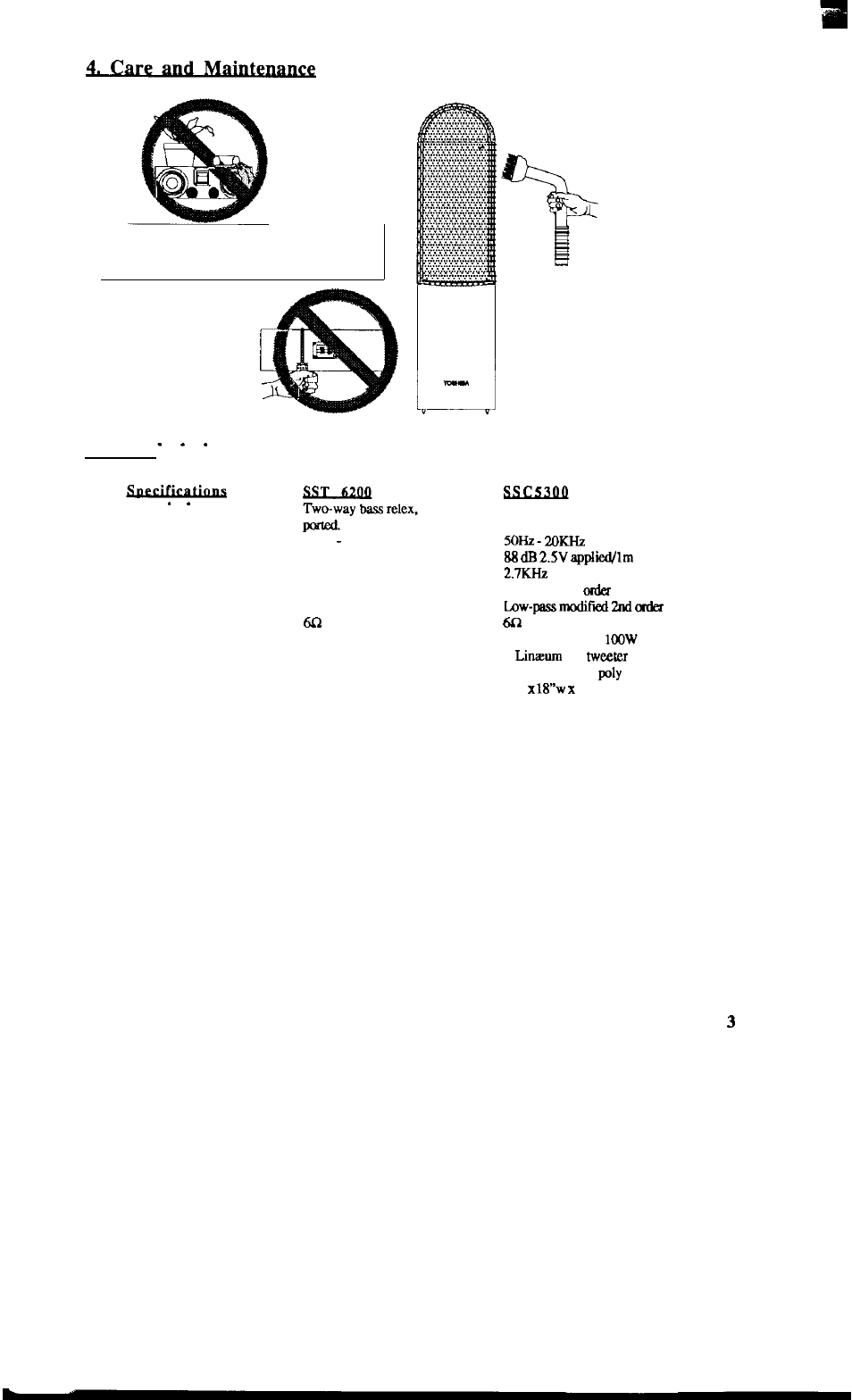 Care & maintenance, Specifications, Care and maintenance | 5 . s p e c i f i c a t i o n s, Containers | Toshiba SSC5300 User Manual | Page 4 / 7