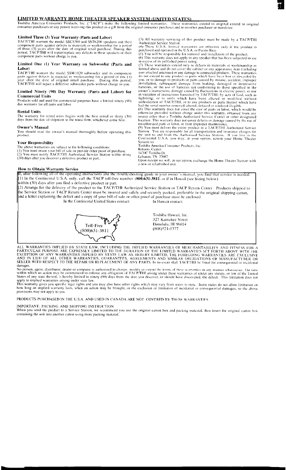 Warranty | Toshiba SSC5300 User Manual | Page 6 / 7