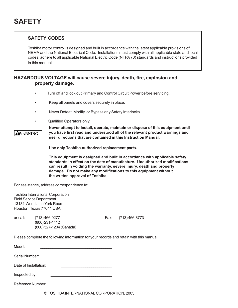 Safety | Toshiba 48-1250 A User Manual | Page 3 / 28