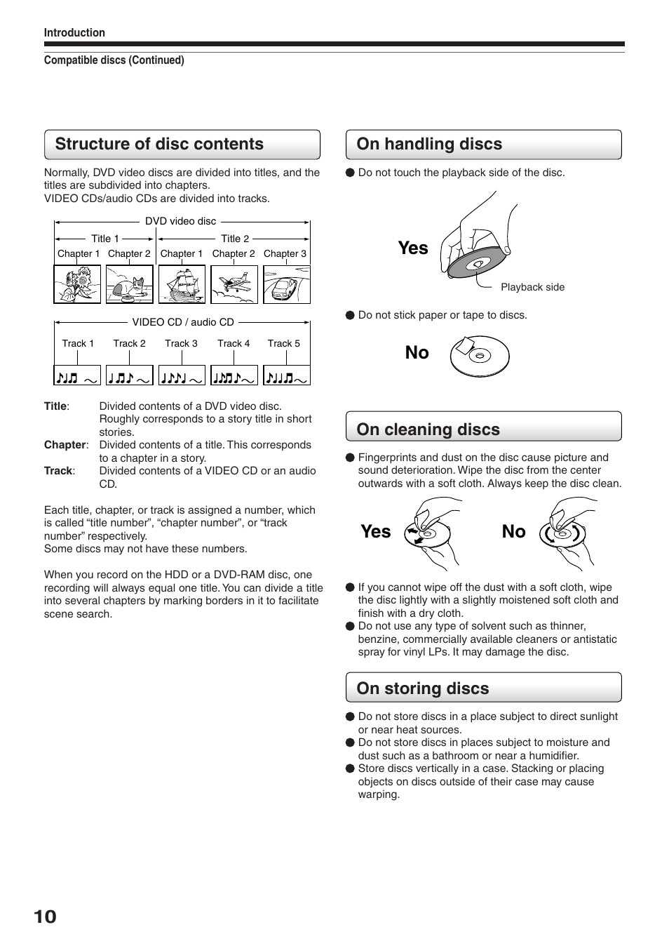 Yes no no, On handling discs, On cleaning discs | On storing discs, Structure of disc contents | Toshiba RD-XS32SU User Manual | Page 10 / 179