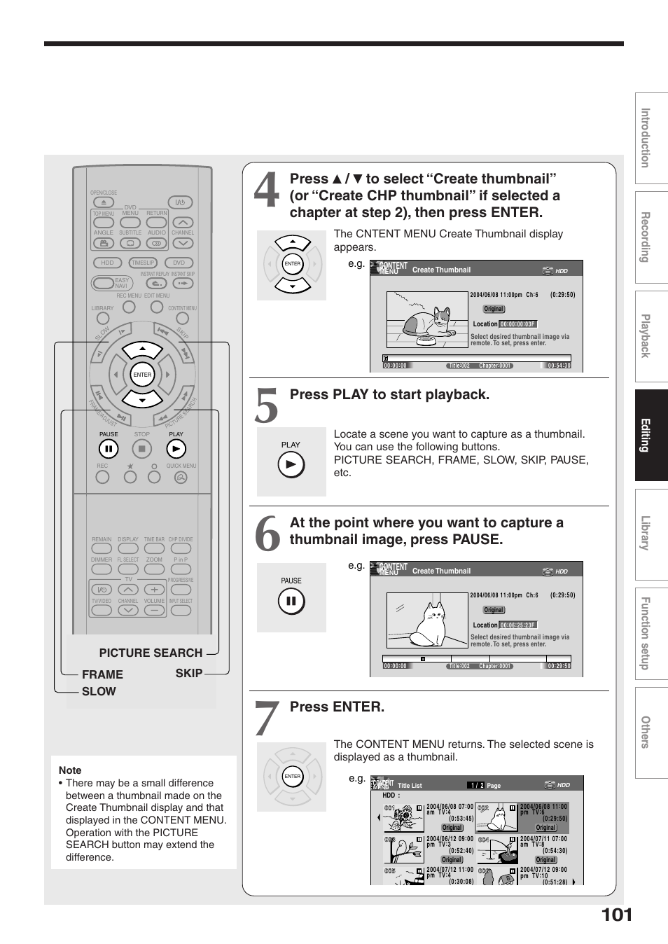 Press play to start playback, Press enter, Skip frame slow picture search | Toshiba RD-XS32SU User Manual | Page 101 / 179