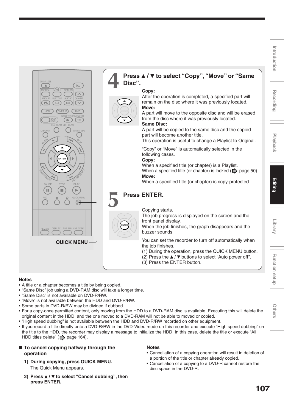 Press / to select “copy”, “move” or “same disc, Press enter, Quick menu | Toshiba RD-XS32SU User Manual | Page 107 / 179