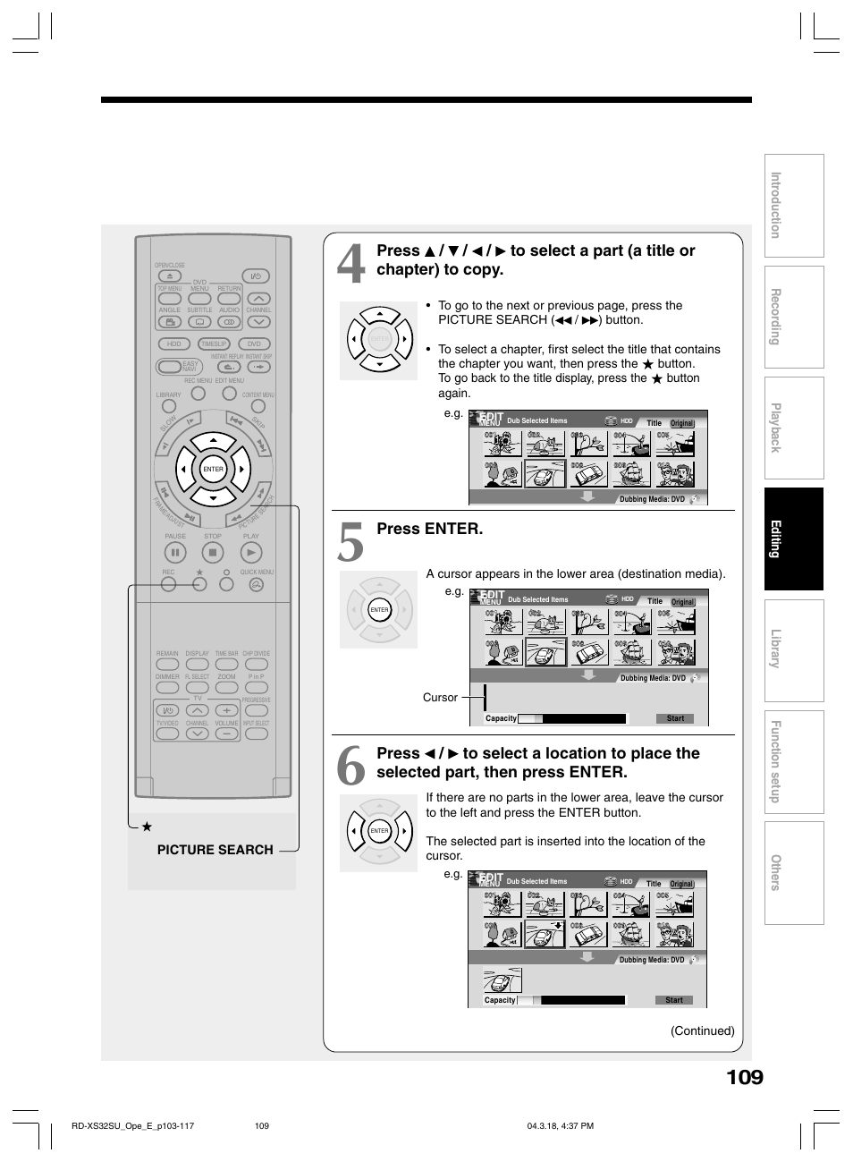 Press enter, Picture search | Toshiba RD-XS32SU User Manual | Page 109 / 179