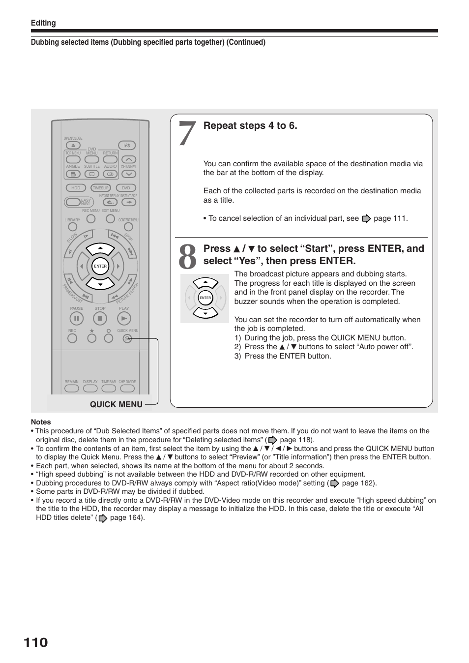 Repeat steps 4 to 6, Quick menu, Editing | Toshiba RD-XS32SU User Manual | Page 110 / 179