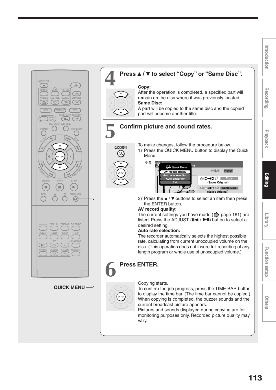 Press / to select “copy” or “same disc, Confirm picture and sound rates, Press enter | Quick menu | Toshiba RD-XS32SU User Manual | Page 113 / 179