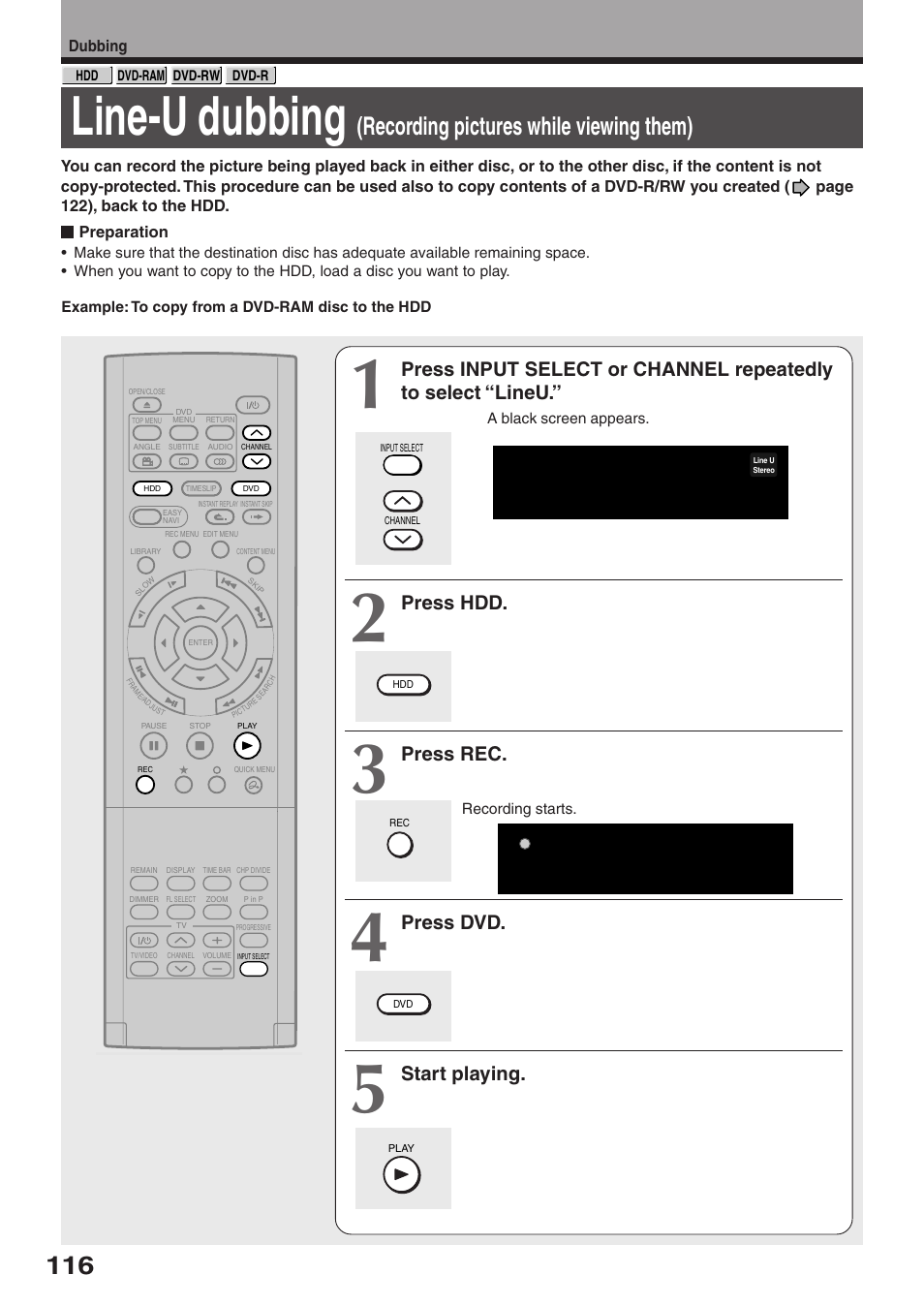 Line-u dubbing, Recording pictures while viewing them), Press hdd | Press rec, Press dvd, Start playing | Toshiba RD-XS32SU User Manual | Page 116 / 179